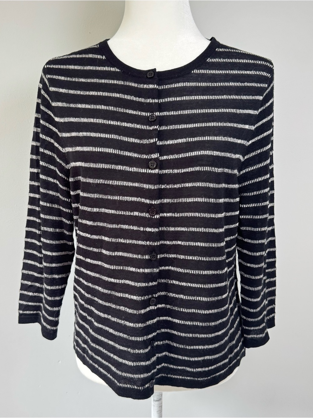 Garnet Hill 100% Merino Wool Striped Cardigan Sweater Black White Size L